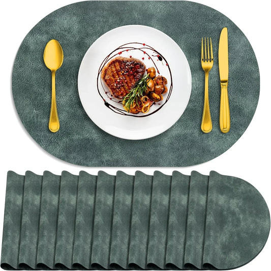 Placemats, Heat Resistant Oval Placemats Set of 12 Washable 12 X 17 Inch, Waterproof Table Mats, Wipeable Pu Place Mats for Kitchen, Dining Room, Blue & Green