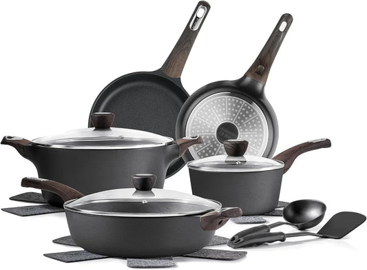 Pots and Pans Set Non Stick, Non Toxic Healthy Induction Cookware Sets, 14 Pcs Non Stick Kitchen Cooking Set with Frying Pans Set & Saucepan, PFOA PFOS Free, Black