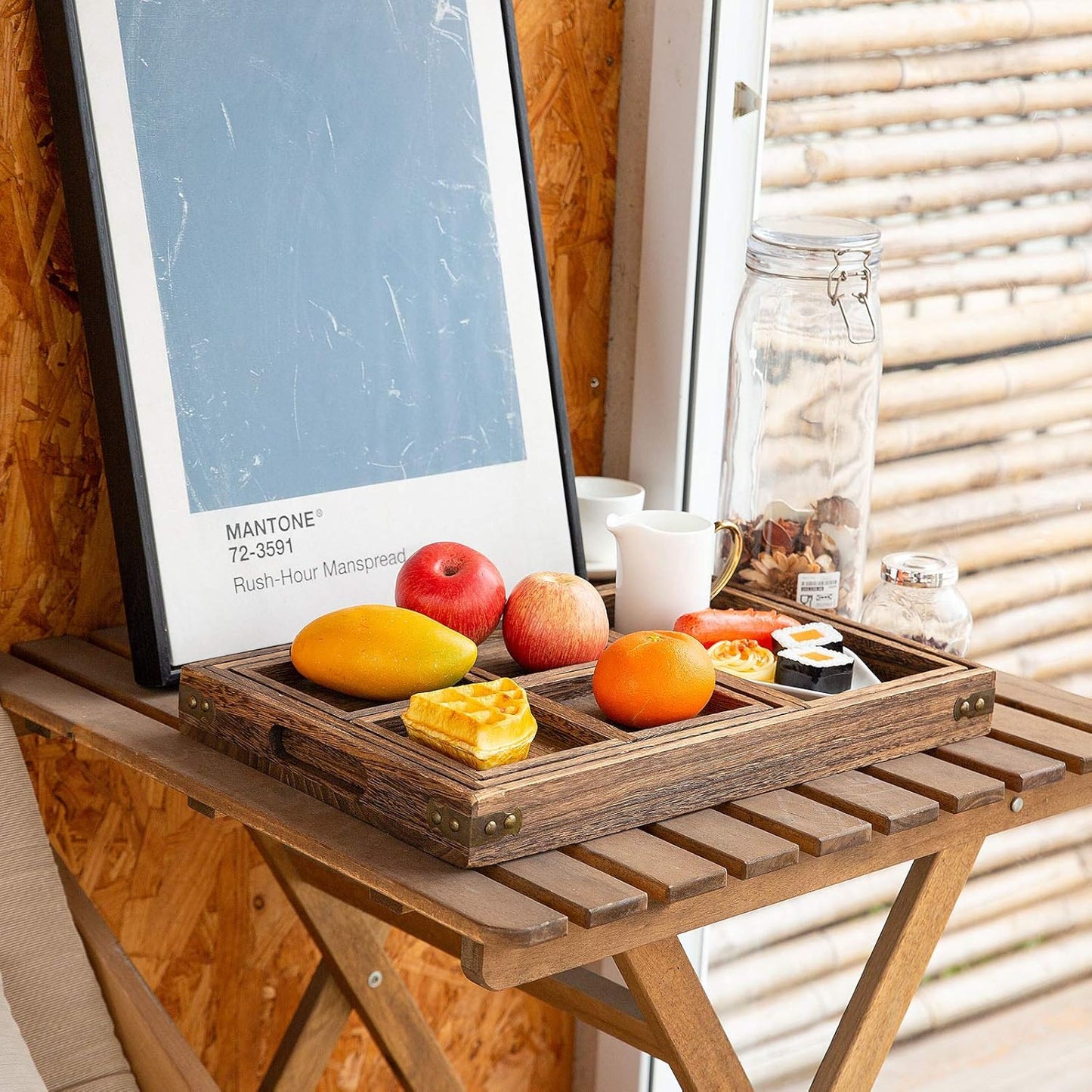 Rustic Wooden Serving Trays with Handle - Set of 7 Rectangular Platters for Entertaining, Breakfast, Coffee Table, Home Decor
