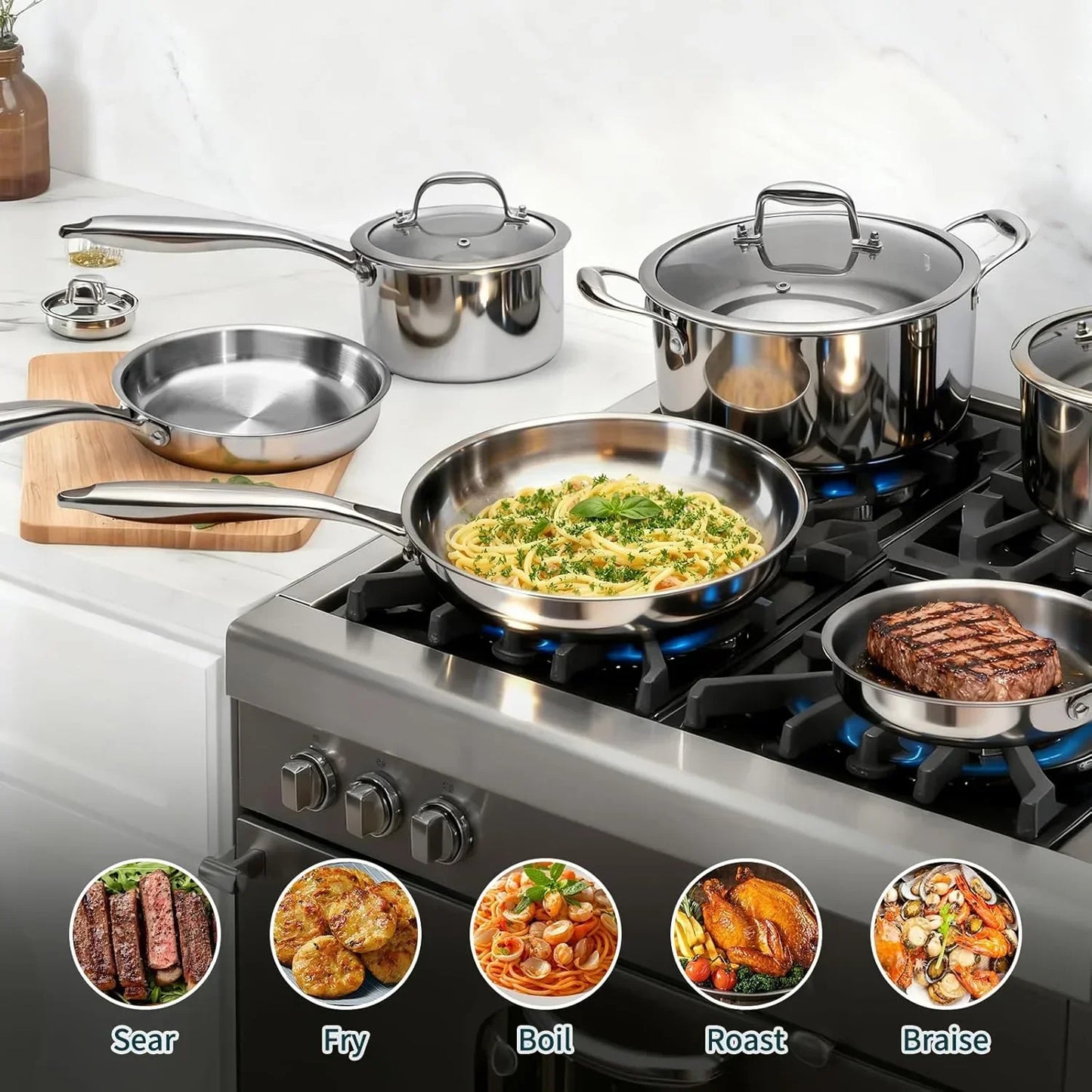 Stainless steel cookware set on gas stove cooking pasta and steak, ideal for sear, fry, boil, roast, braise