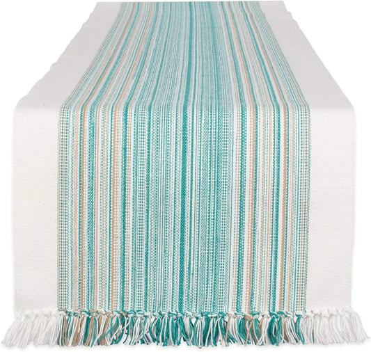 Everyday Collection Fringed Stripe Tabletop, Table Runner, 14X72, Teal