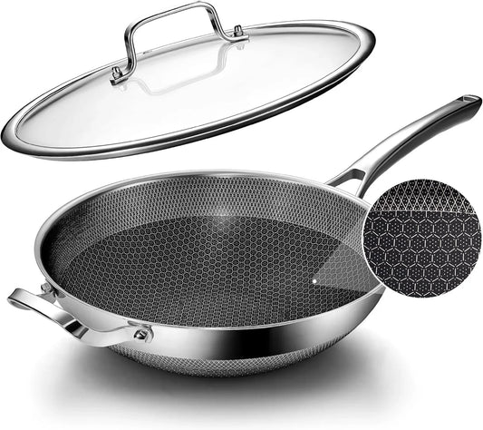 Wok Pan,12 Inch Hybrid Wok with Lid,Pfoa Free Cookware,Non Stick Stainless Steel Woks & Stir-Fry Pans Nonstick, Dishwasher and Oven Safe, Works on Induction