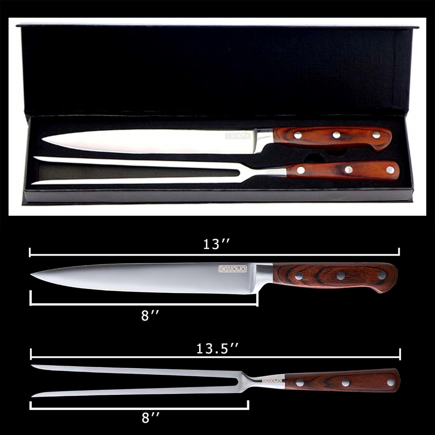 Carving Knife Set 2-Piece, 8-Inch Turkey Carving Knife and Fork Set Stainless Steel Kitchen Knife for Steak, Hibachi Knife and Fork, BBQ Carving Fork with Gift Box – Designed in USA