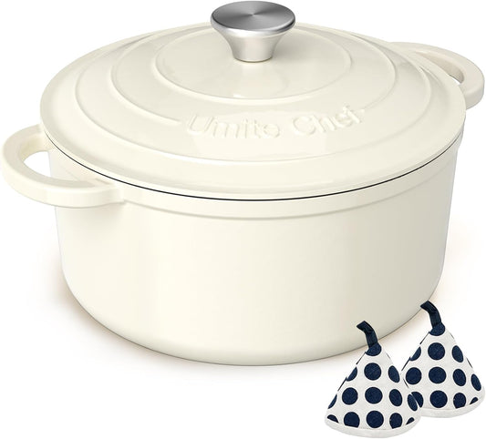 Enameled Cast Iron Dutch Oven -  5QT Pot with Lid & Cotton Potholders - Heavy-Duty Cookware for Bread Baking, Braising, Stews, Roasting(Cream White)