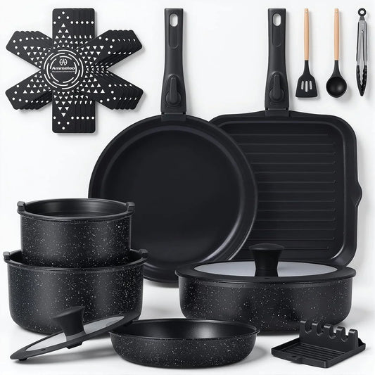 21 Pcs Pots and Pans Set Non Stick with Detachable Handle & Grill Pan, Induction Ceramic Cookware Set, Non Toxic Kitchen Pots and Pans Set for Rvs,Camping, Oven/Dishwasher Safe, Black