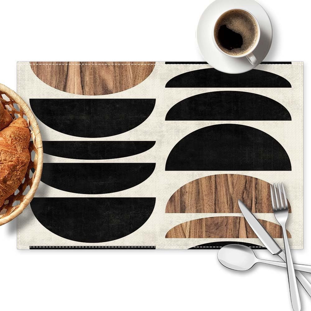 Geometric Black Brown Placemats Set of 4, 12X18 Inch Waterproof Stain Resistant Tribal Pattern Aztec Boho Western Linen Table Placemats Farmhouse Kitchen Party Decor Home Décor