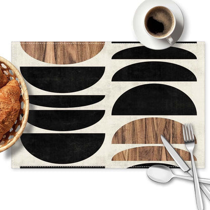 Geometric Black Brown Placemats Set of 4, 12X18 Inch Waterproof Stain Resistant Tribal Pattern Aztec Boho Western Linen Table Placemats Farmhouse Kitchen Party Decor Home Décor