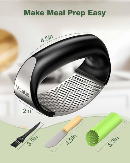 Garlic Press Rocker - Stainless Steel Garlic Crusher, Mincer and Chopper with Peeler & Scraper, Easy Kitchen Gadget for Effortless Smashing