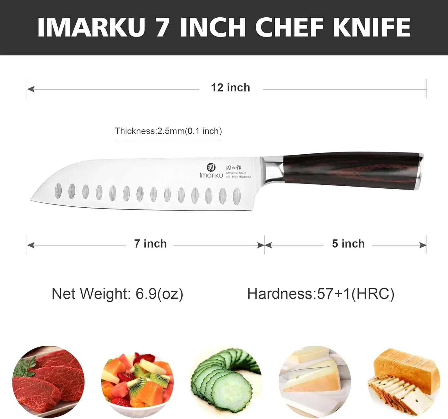 Stainless steel 7 inch chef knife with measurements, ideal for slicing meat, fruit, vegetables, cheese, and bread.