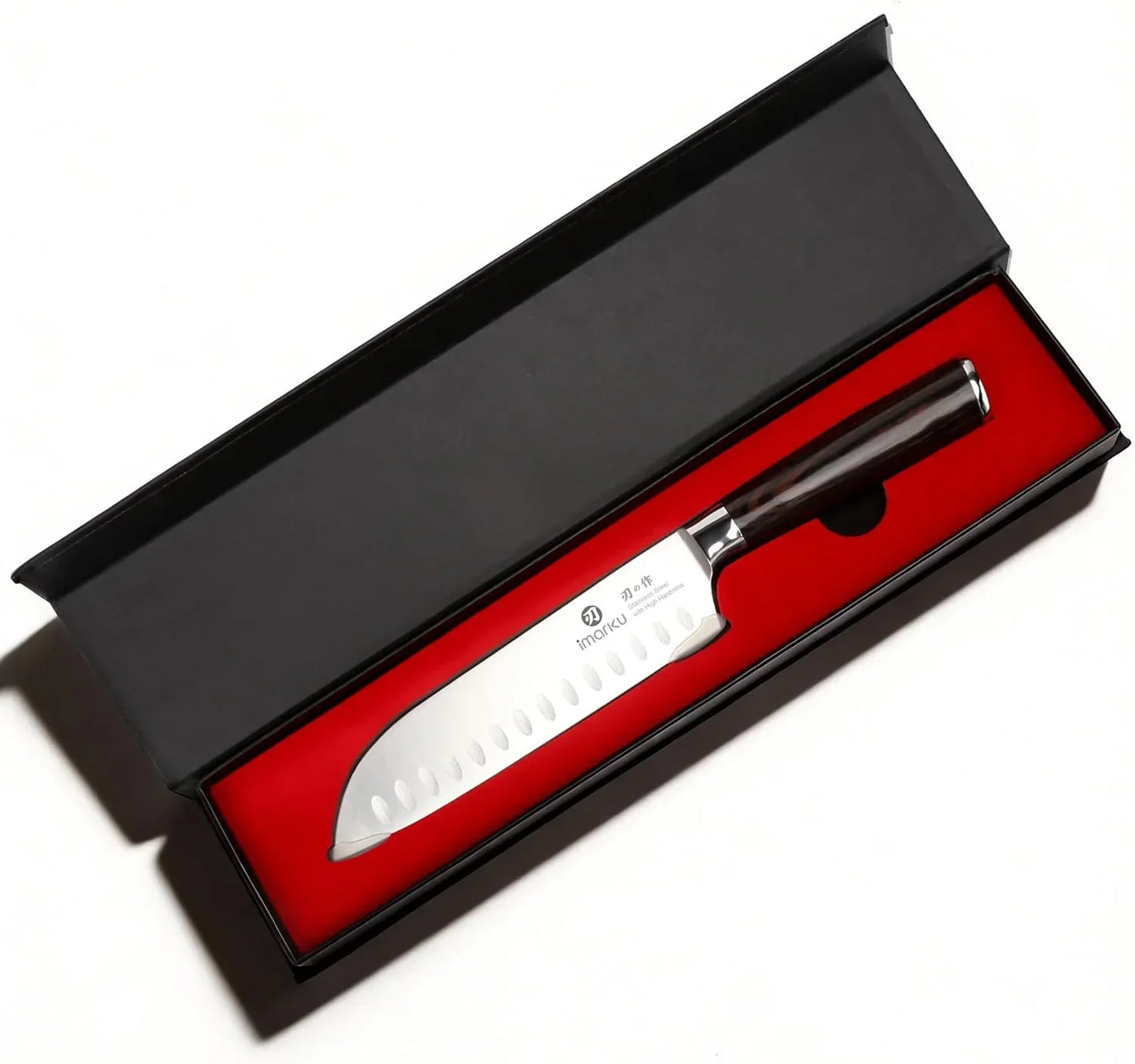 Santoku kitchen knife with wooden handle in gift box on red lining