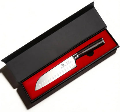 Santoku kitchen knife with wooden handle in gift box on red lining