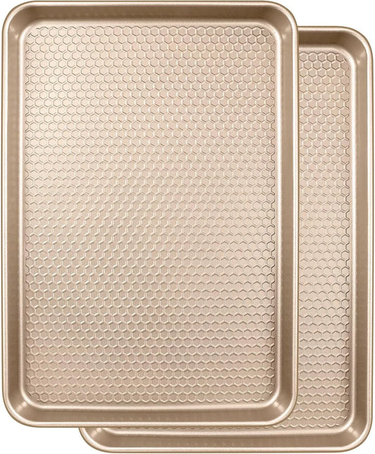 Baking Sheet Pan Set, Honeycomb Embossed Nonstick Baking Sheet 15X10 In, Thicker Carbon Steel Cookie Sheet, Even Heating Jelly Roll Pan, Champagne Gold, 2 Pack