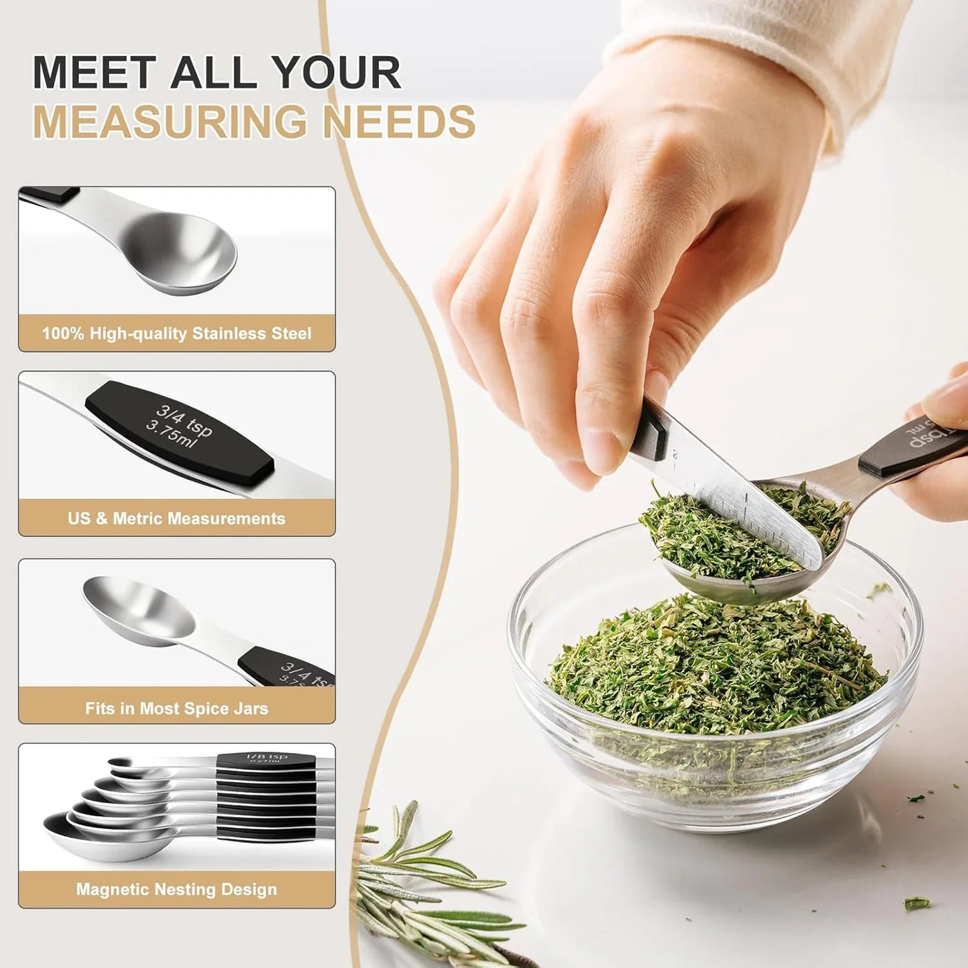 Stainless Steel Measuring Cups & Spoons Set,  Kitchen Tools Nesting Measuring Cups and Spoons, Fits in Spice Jars for Baking & Cooking, BPA Free, Set of 15 with Leveler, Black