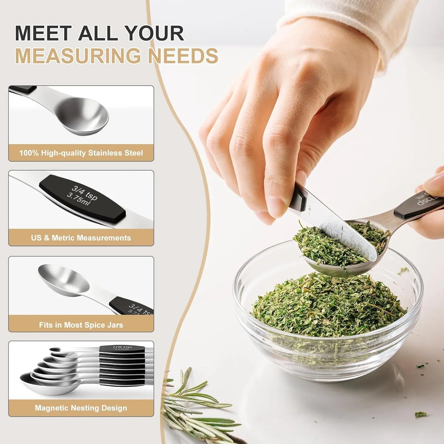 Stainless Steel Measuring Cups & Spoons Set,  Kitchen Tools Nesting Measuring Cups and Spoons, Fits in Spice Jars for Baking & Cooking, BPA Free, Set of 15 with Leveler, Black