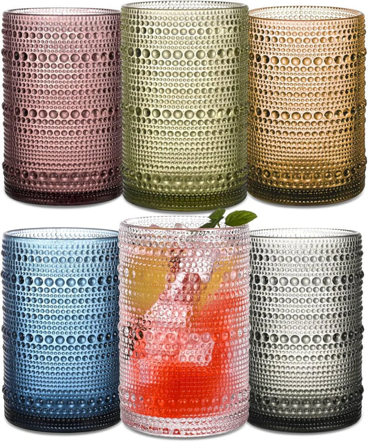 Colored Hobnail Drinking Glasses Set of 6, 15 Oz Vintage Highball Glasses, Drinkware Kitchen Glasses for Cocktail, Iced Coffee, Beer, Ice Tea, Wine, Whiskey, Water
