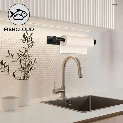 Modern kitchen sink with sleek faucet, paper towel holder, and textured tile backsplash for organized cooking