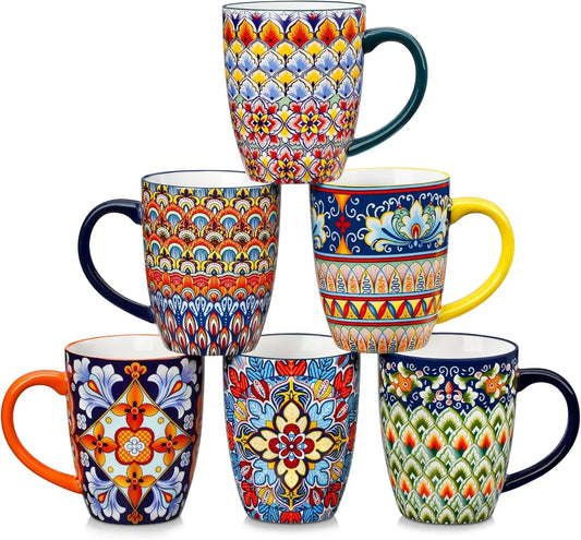 16 Oz Coffee Mugs Set of 6, Large Ceramic Mug with Handle, Boho Coffee Cups for Latte, Cappuccino & Hot Chocolate, Dishwasher & Microwave Safe Gift Set, Series SIMI