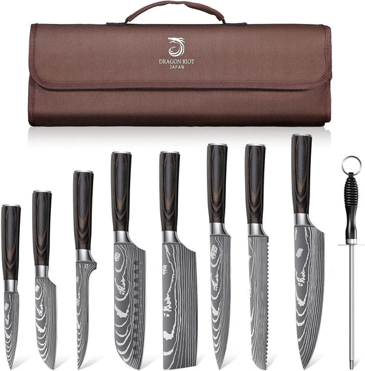 DRAGON ROIT Japanese Knives Set Damascus Pattern Chef Knife Set for Kitchen with Roll Bag, Sharp Stainless Kitchen Knife Set Brown Handle
