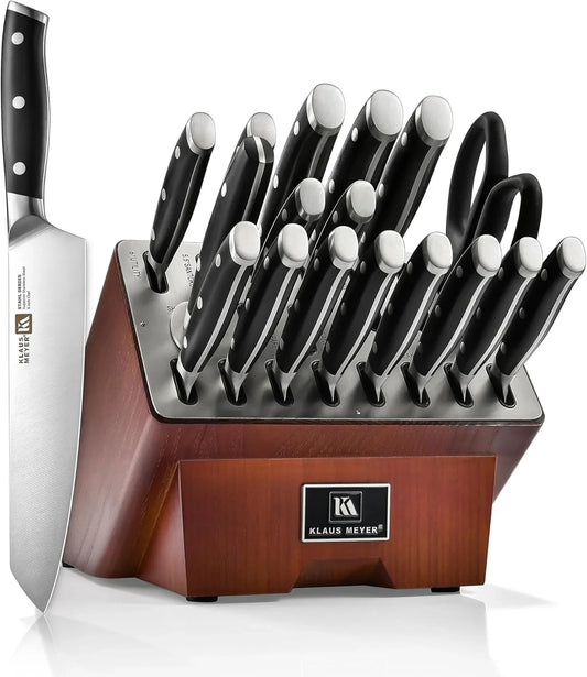 19-Piece Knife Block Set with Sharpener, High Carbon German Stainless Steel (Stahl), Full-Tang Handles, Kitchen Knife Set (Black)