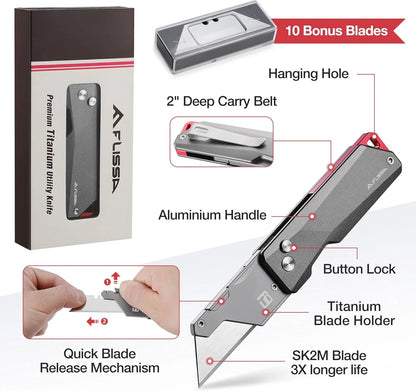 Advanced Titanium Utility Knife, CNC Unibody, Lightweight All Metal Folding Box Cutter, Quick Change Blade Razor Knife,Ideal Gifts for Men Women, with 10 Extra Blades