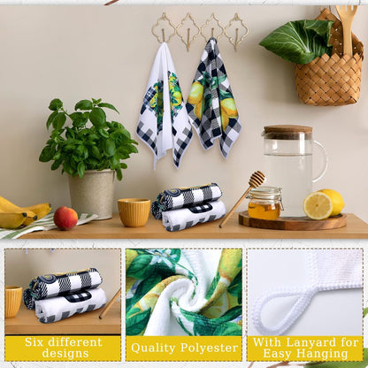 6 Pcs Lemon Kitchen Towels Lemonade Dish Towels with Sayings Decorative Hand Tea Dishcloths for Kitchen Decor with Hanging Loop for Housewarming Gift(Black White,Plaid Lemon)