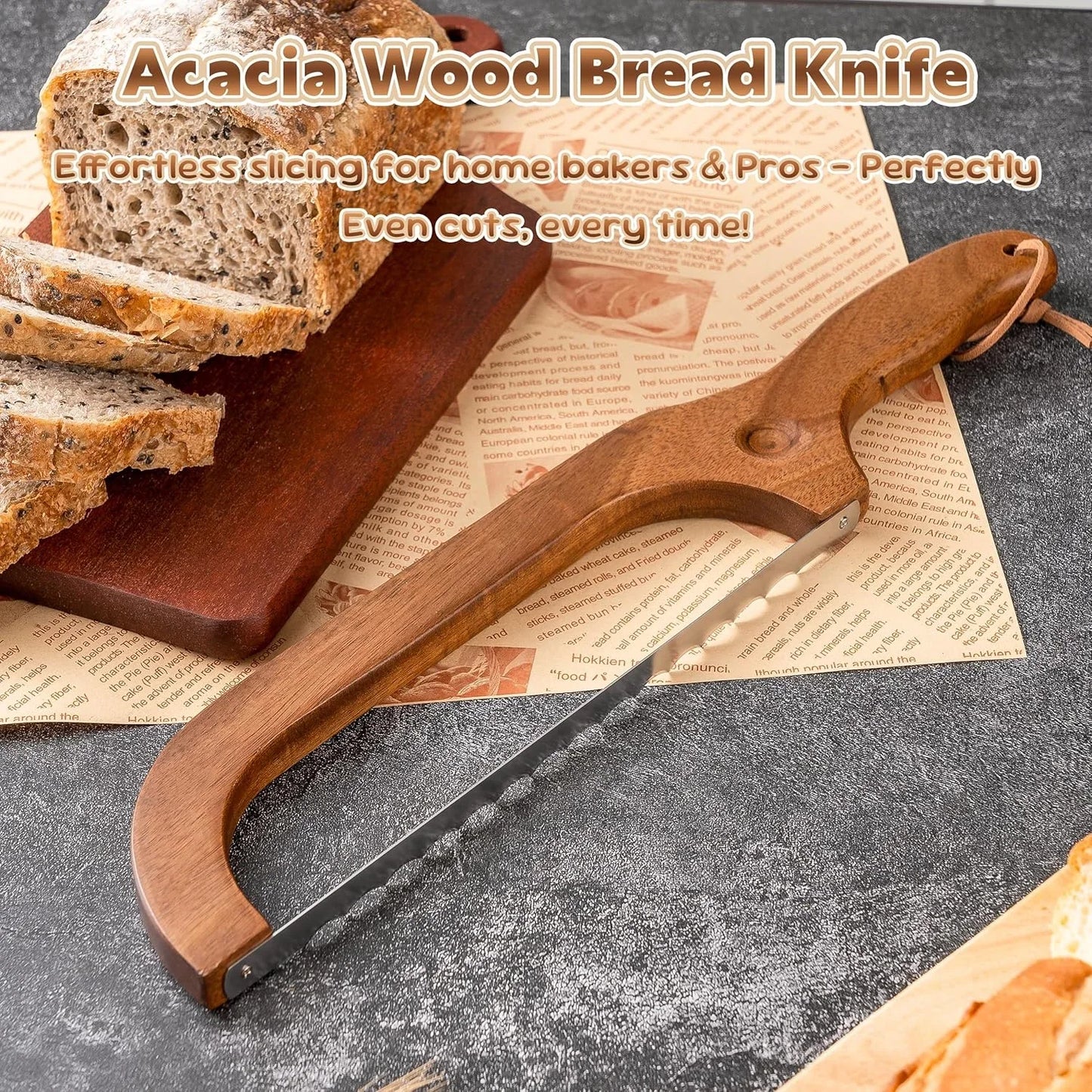 Bread Knife for Homemade Bread, 14.5" Wooden Sourdough Bread Knife, Sourdough Bread Slicer, Bow Design, Easy to Cut into Uniform Thin Slices, Bread Saw for Cutting Sourdough Bread, Bagel, Baguette Etc