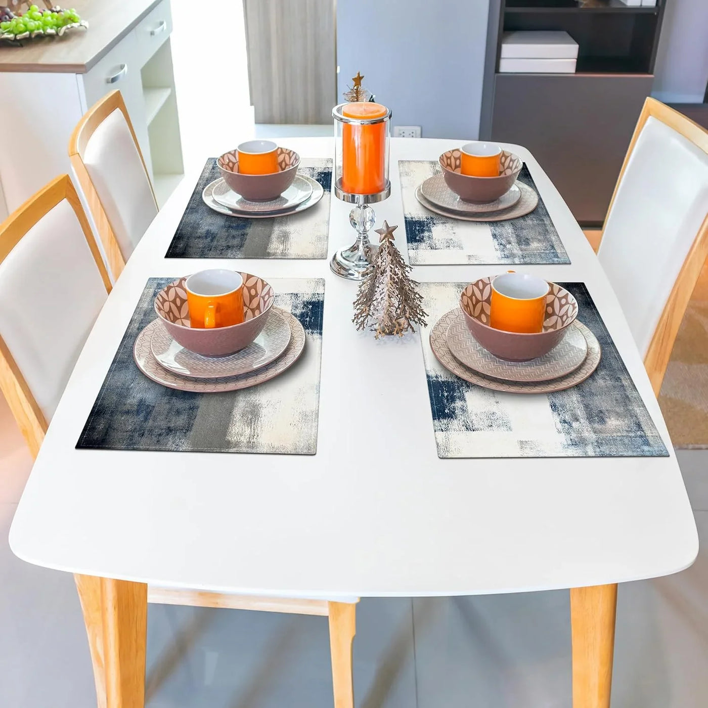 Blue and Gray Placemats Washable, Linen Rectangular Place Mats Set of 4, Dining Table Decor for Living Room, Kitchen, Farmhouse and Outdoor (White Gray, 12X18 Inch)