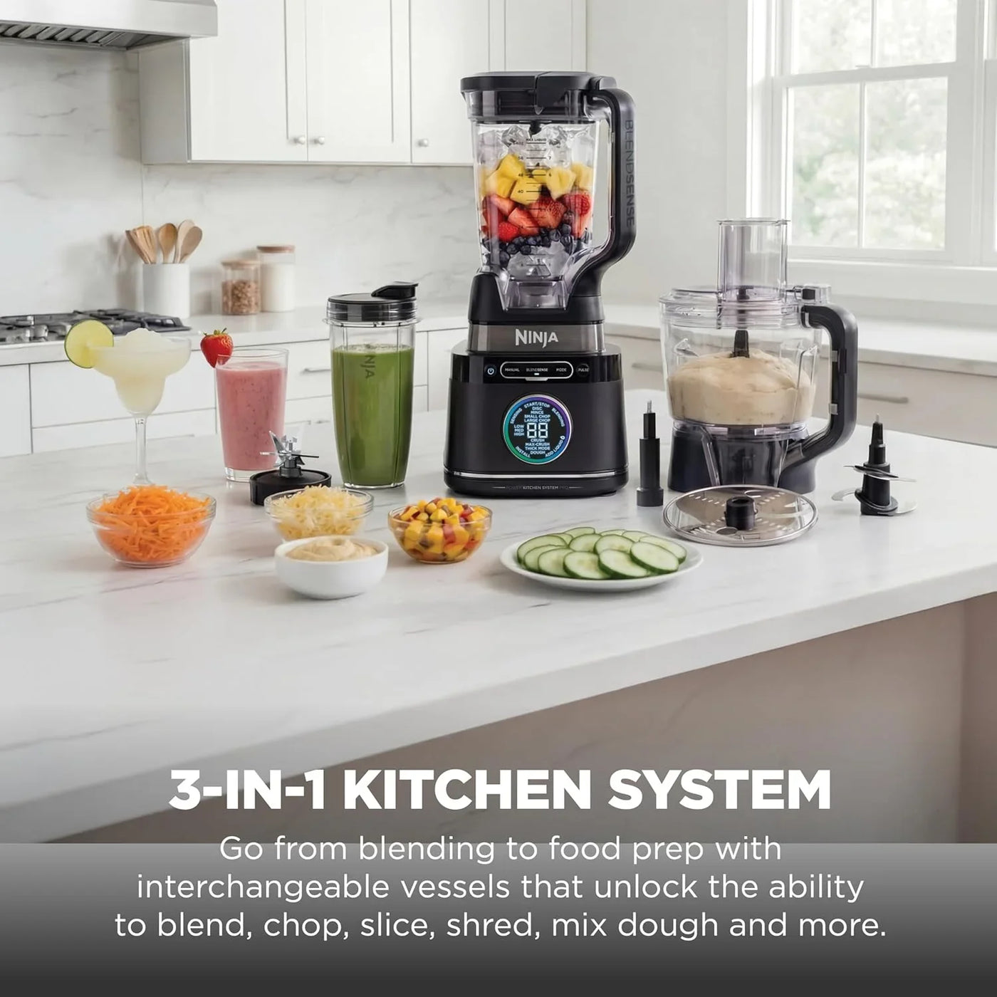 Kitchen System | All-In-One Food Processor & Blender | 8-Cup Bowl & (1) 24 Oz. To-Go Cup Blendsense Tech | for Smoothies, Cookie Dough, Salsas, Cole Slaw & More | 1800 Peak Watt | Black | TB401
