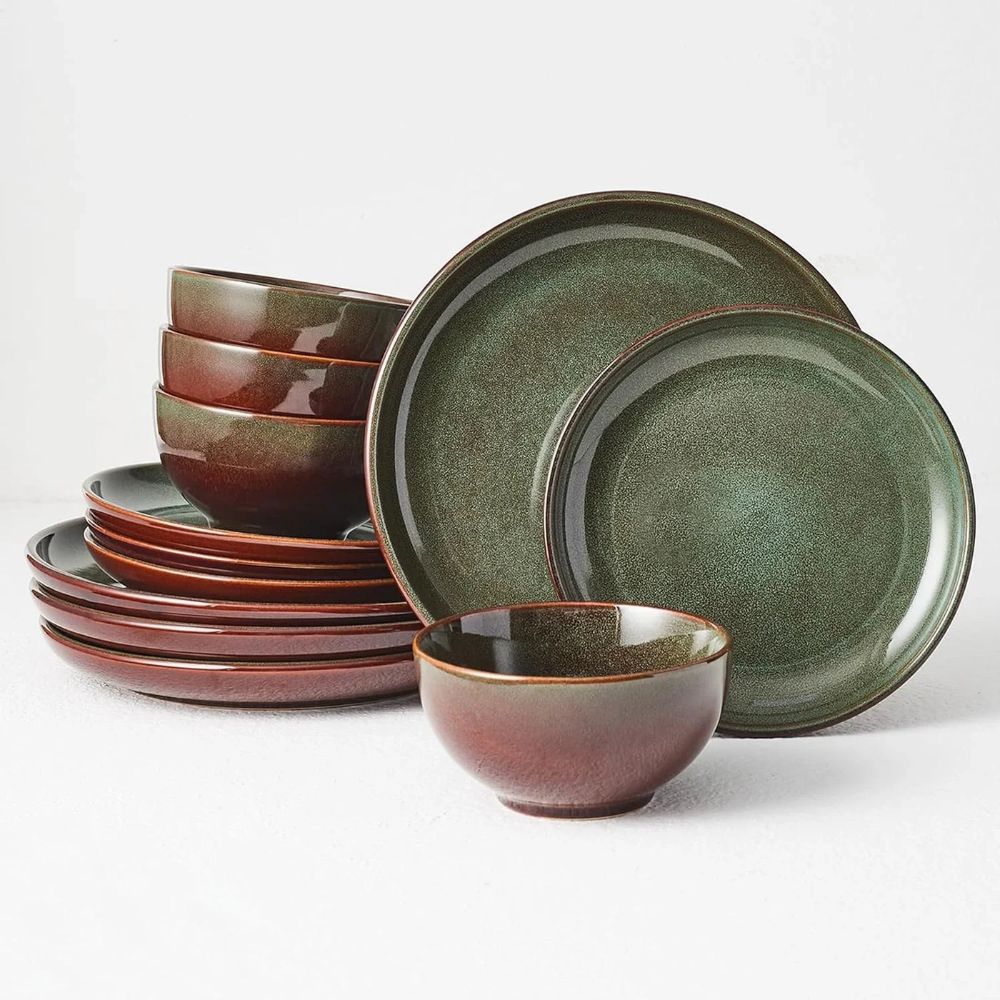 Stoneware Dinnerware Sets Service for 4, 12 Pcs Reactive Glaze Plates and Bowls Sets, Handmade Ceramic Dish Set, Highly Chip and Crack Resistant Modern Plate Set, Brown Green