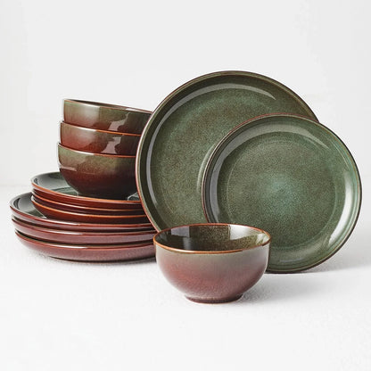 Stoneware Dinnerware Sets Service for 4, 12 Pcs Reactive Glaze Plates and Bowls Sets, Handmade Ceramic Dish Set, Highly Chip and Crack Resistant Modern Plate Set, Brown Green