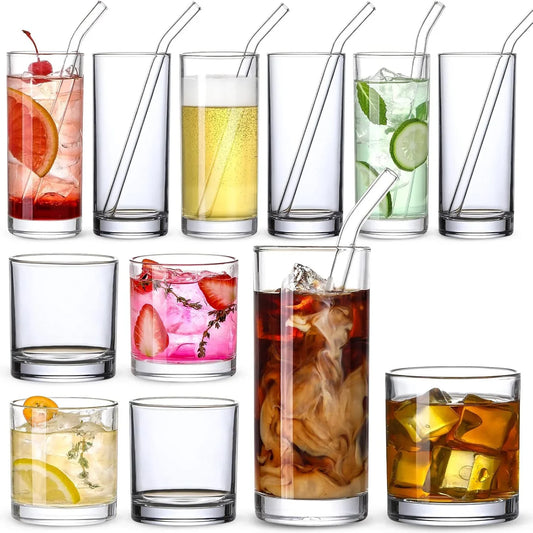 [ 12 Pack ] Glass Cups with Glass Straws, 12Oz Highball & Rock Drinking Glasses, Everyday Drinkware Glasses Set, Cute Tumbler Cup, Kitchen Glasses for Iced Coffee, Water, Beer, Cocktail, Whiskey Gift.