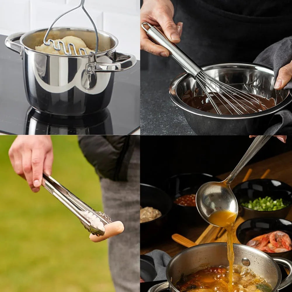® Premium Set of 10 Stainless Steel Kitchen Tool Set with Holder Easy to Clean, Space Saving, Great for Cooking, Baking, Prepping