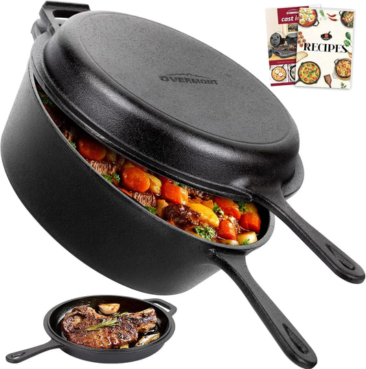 Cast Iron Skillet with Lid - 2-In-1 Cast Iron Dutch Oven - 3.2QT Deep Pot with Frying Pan - Pre-Seasoned Cookware Multi Cooker Skillet - Dutch Oven Pot with Recipe for Grill Induction Stovetop Camping(10.5")