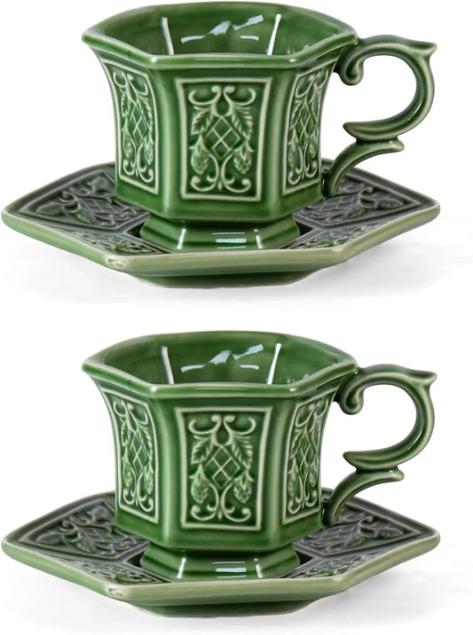 Tea Cups and Saucers Set of 2, Porcelain Coffee Cups, 6-Ounce Stackable Espresso Mugs, Ceramic Demitasse for Coffee, Latte, Americano, Tea, Retro Green