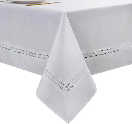 Heavy Duty Fabric Tablecloth with White Lace-Waterproof/Wrinkle Free/Stain Resistant/Oil Proof-For Dining,Indoor&Outdoor,Wedding,Holiday,White,Rectangle 60X84Inch
