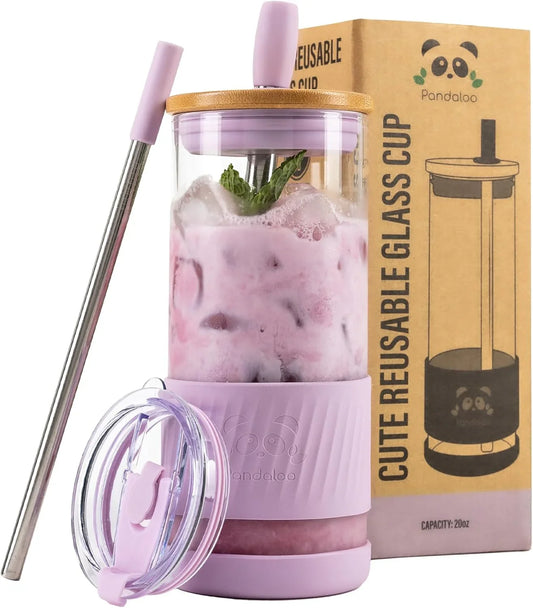® Glass Cups with Lids and Straws -20 Fl Oz- Perfect Size Iced Coffee Cup - Smoothie Cup with Bamboo Lid and on the Go Lid - Glass Tumbler with Straw (1 Count (Pack of 1), Lilac Rhapsody)