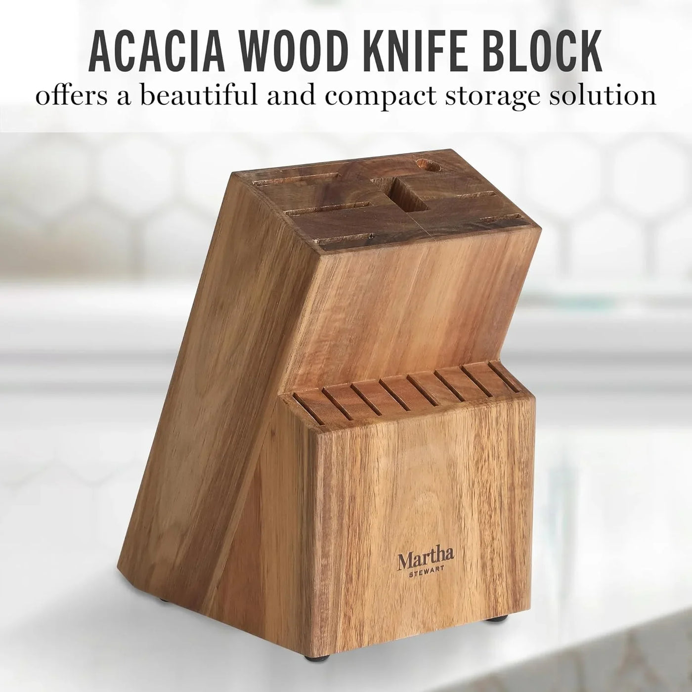 Knife Block Set 16-Piece - Lockton High Carbon Stainless Steel Forged Full Tang Chef Knives, Acacia Wood Block, Triple Riveted Handles, Linen White & Gold