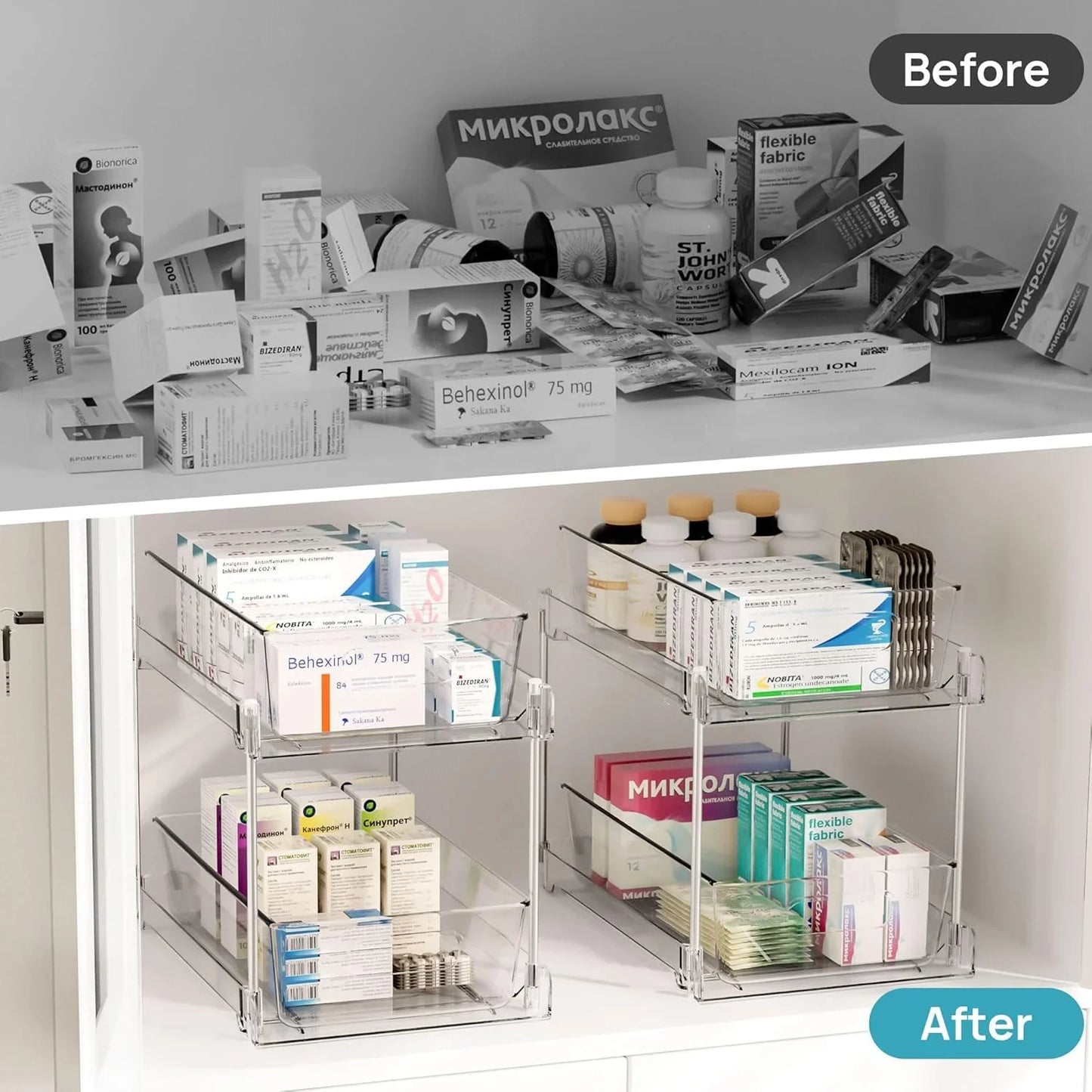 4 Pack Bathroom Organizer, 2 Tier Clear under Sink Organizers Vanity Countertop Storage Container,Cabinet Drawers Bins, Pull-Out Organization with Track for Pantry, Kitchen