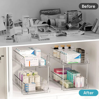 4 Pack Bathroom Organizer, 2 Tier Clear under Sink Organizers Vanity Countertop Storage Container,Cabinet Drawers Bins, Pull-Out Organization with Track for Pantry, Kitchen