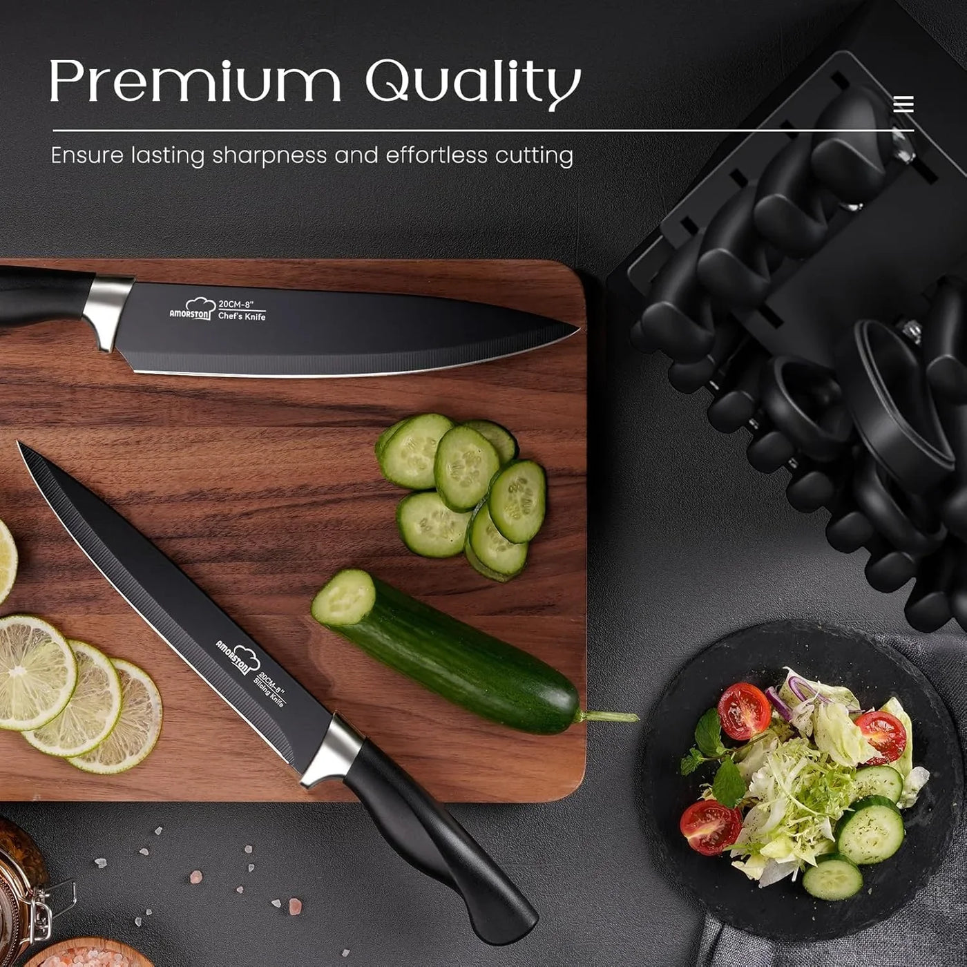 Knife Set,  21 Pieces Kitchen Knife Set with Block and Sharpener, Ultra-Sharp Knives Set with Ergonomic Handles, Black German Stainless Steel Knife Block Set, Dishwasher Safe