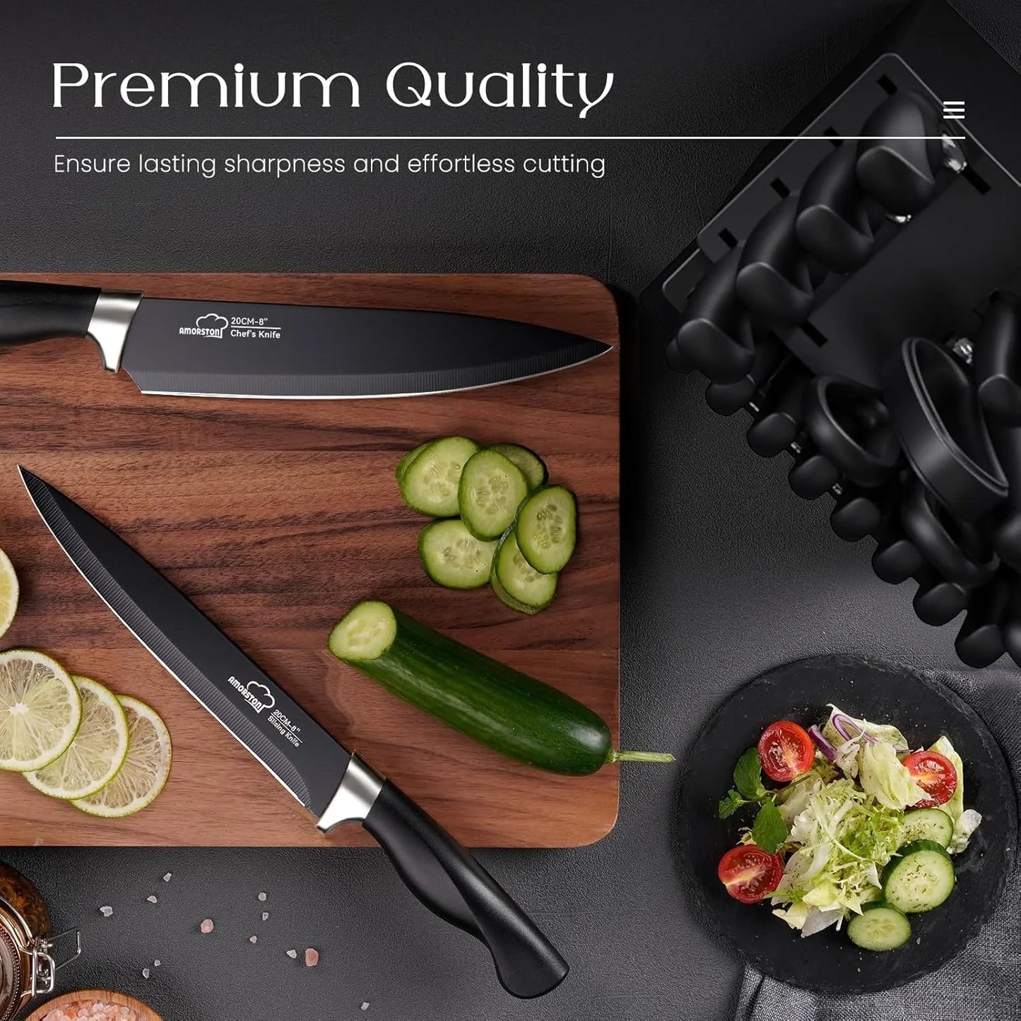 Knife Set,  21 Pieces Kitchen Knife Set with Block and Sharpener, Ultra-Sharp Knives Set with Ergonomic Handles, Black German Stainless Steel Knife Block Set, Dishwasher Safe