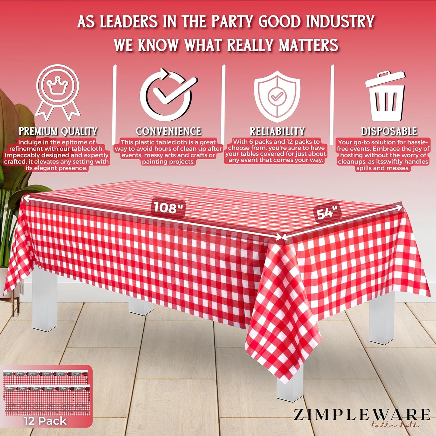 Premium Red Gingham Checkered Plastic Table Cloth Disposable (12 Pk) Plastic Tablecloths for Rectangle Tables (54In X 108In) Party Table Cloths Disposable for 6Ft to 8Ft Rectangle Tables