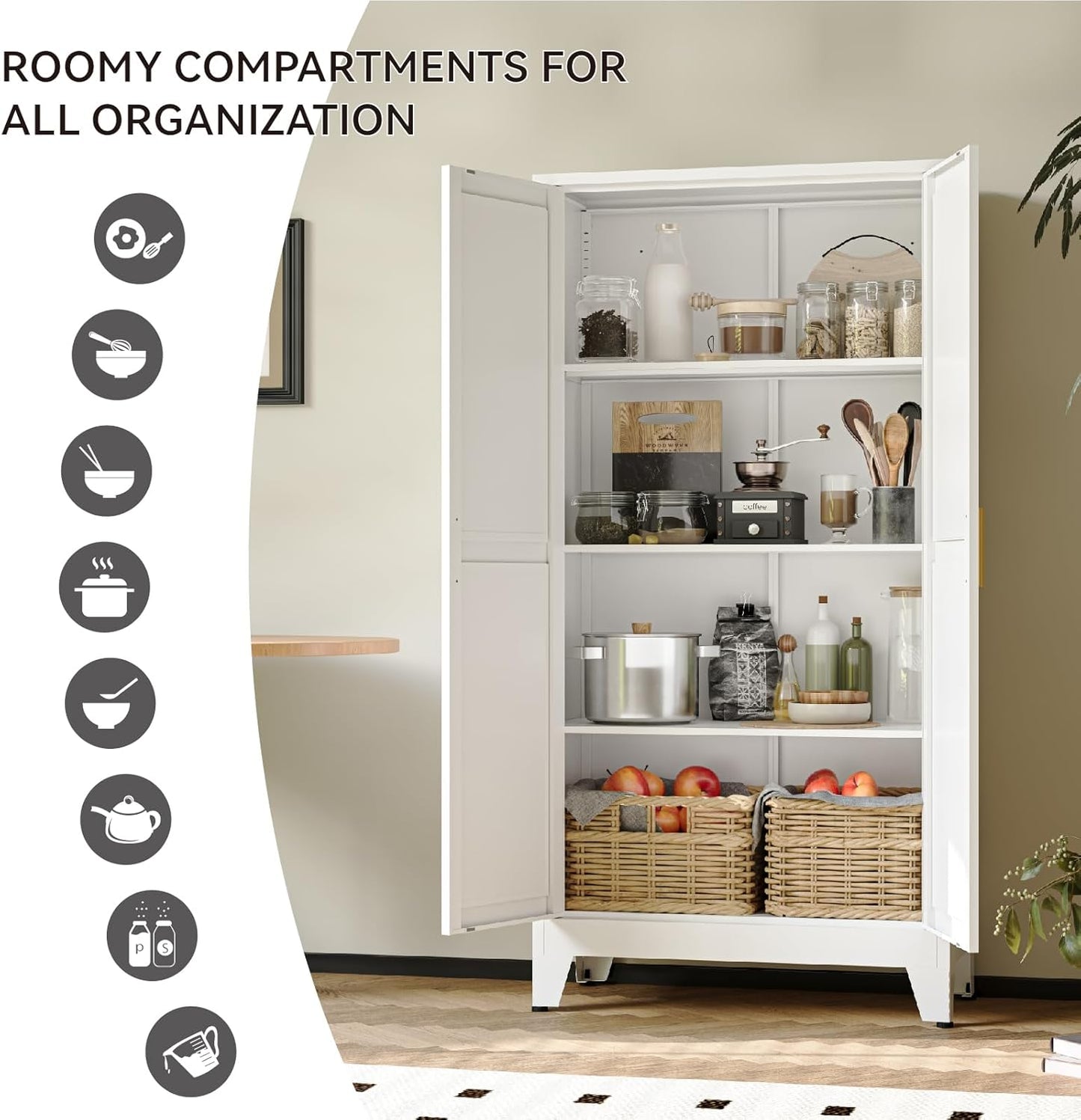61" Metal Pantry Cabinet with Adjustable Shelves, White Storage Cabinet with Doors and Shelves, Sturdy Freestanding Cupboard for Kitchen Pantry, Bathroom Storage, Living Room & Office