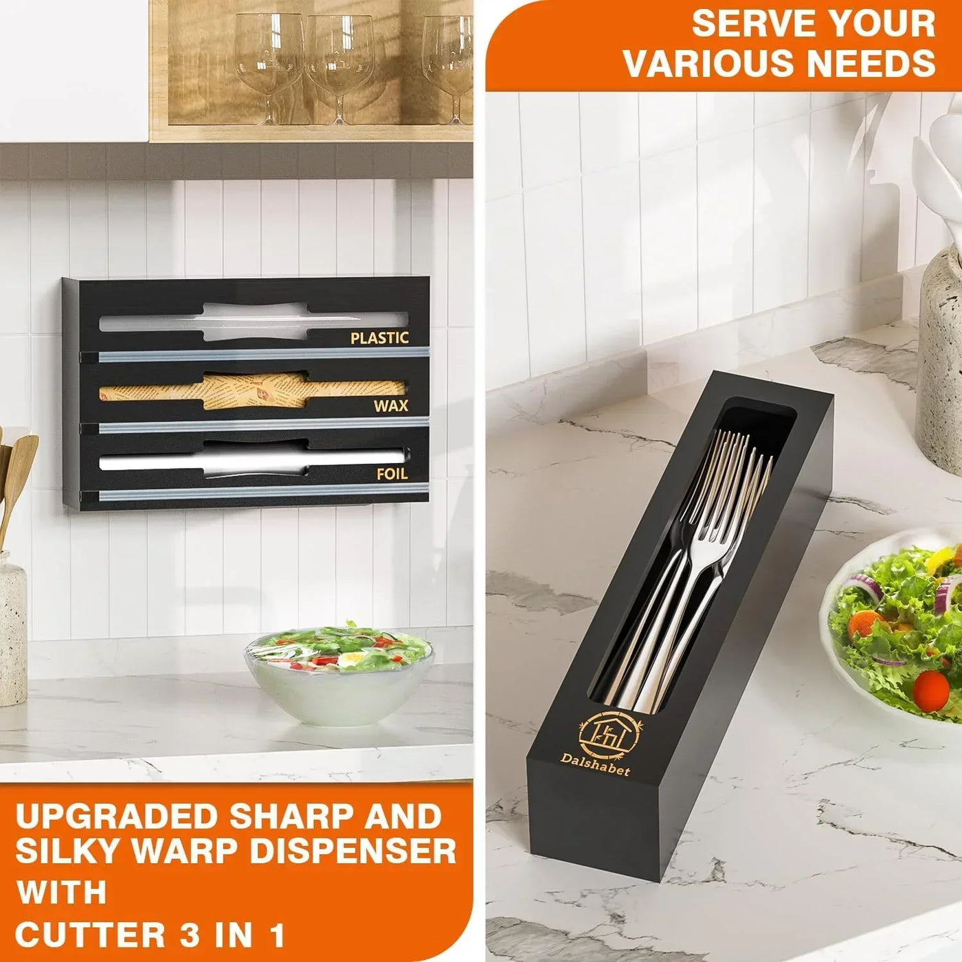 3-in-1 kitchen wrap dispenser with cutter for plastic, wax, foil + fork storage box on marble countertop