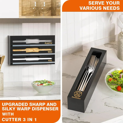 3-in-1 kitchen wrap dispenser with cutter for plastic, wax, foil + fork storage box on marble countertop