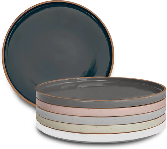 Ceramic Flat Dinner Plates Set of 6, 10.5 in High Edge Dish Set - Microwave, Oven, and Dishwasher Safe, Scratch Resistant, Modern Dinnerware- Kitchen Porcelain Serving Dishes - Assorted Neutrals