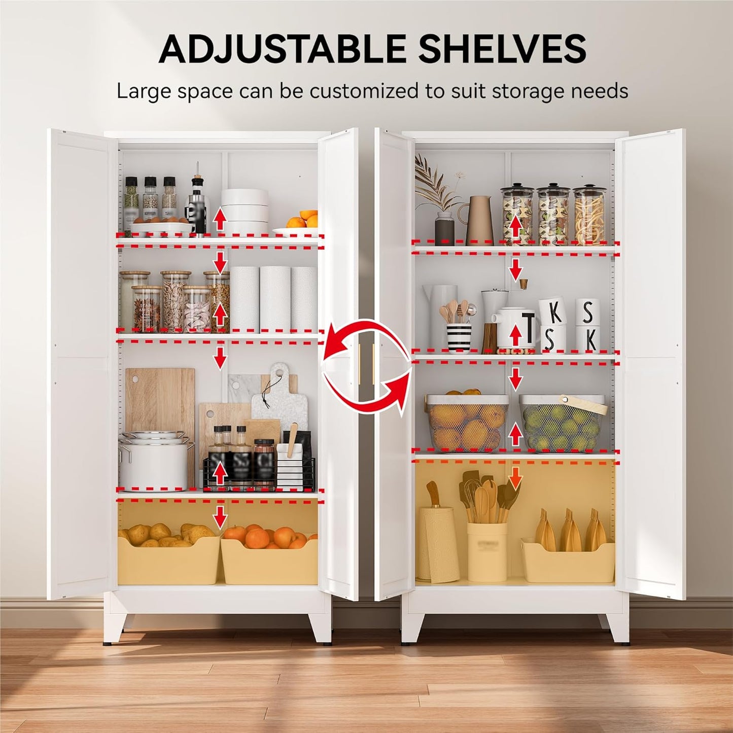 61" Metal Pantry Cabinet with Adjustable Shelves, White Storage Cabinet with Doors and Shelves, Sturdy Freestanding Cupboard for Kitchen Pantry, Bathroom Storage, Living Room & Office