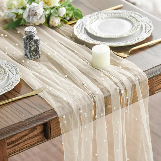 Pearl Beige Gauze Table Runner 120 Inch 10FT, Seasonal Sheer Dining Holiday Wedding Birthday Baby Shower Table Decor for Home Party