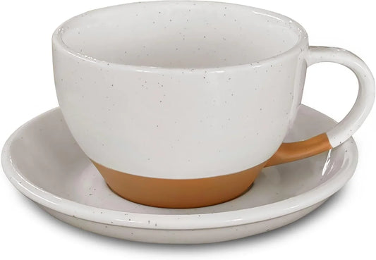 Ceramic Latte Art Mug with Saucer - 10.5 Oz, round Bottom for Perfect Pours - Cafe Cups for Cappuccino, Espresso, Coffee, Tea Etc - Porcelain Set for Baristas, Great Gift - Vanilla White