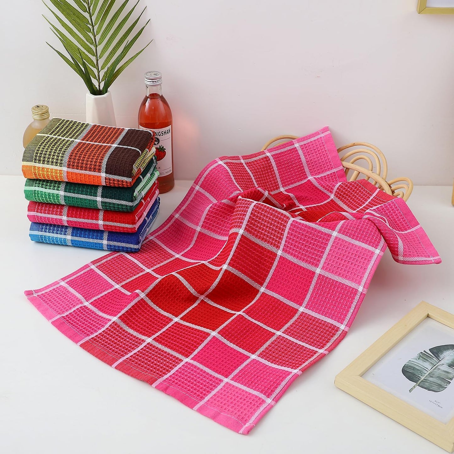 Bright Large Kitchen Towels, 4-Pack, 16 Inch X 26 Inch Buffalo Check Dish Towels for Washing Drying Dishes, Colorful Waffle Design Tea Towel Bar Towel, Buffalo